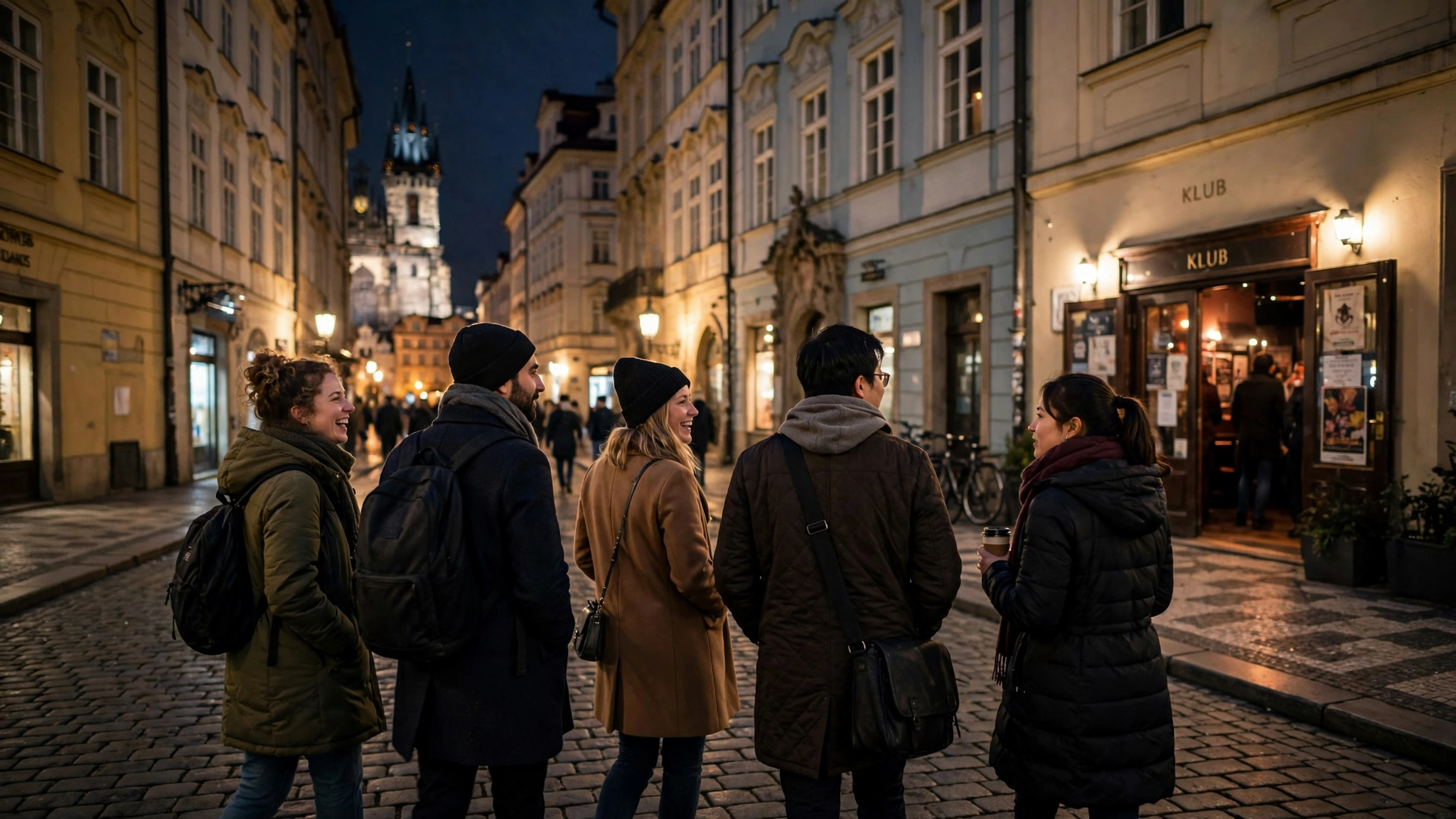 Malá skupinka přátel v kabátech kráčejících noční Prahou směrem ke klubu